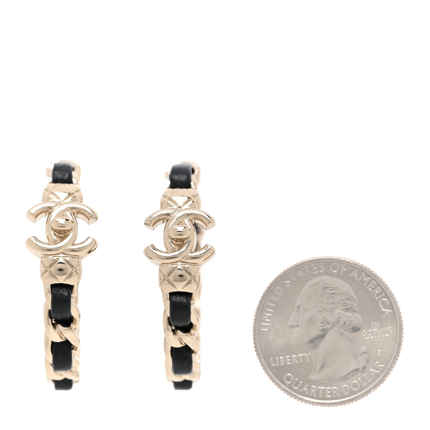 Chanel Metal Lambskin Quilted CC Turnlock Chain Hoop Earrings Gold Black 2 of 4