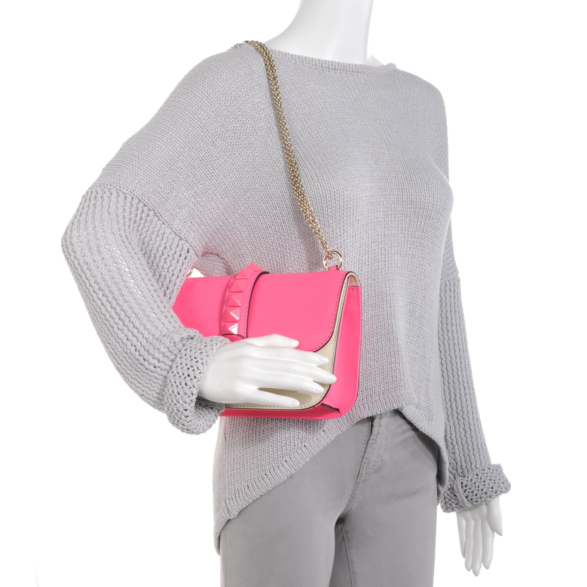 Valentino Garavani Vitello Bi-Color Large Glam Lock Rockstud Flap Fuxia Fluo Ivory 2 of 8