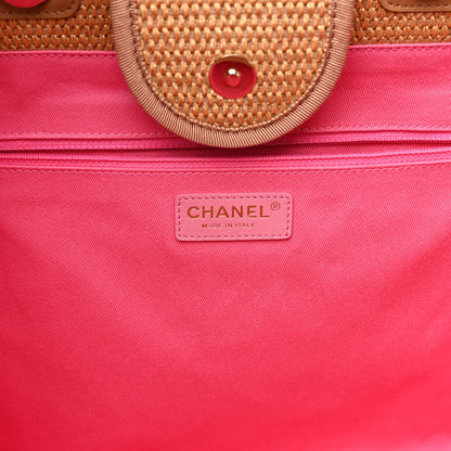 Chanel Straw Raffia Calfskin Striped Large Deauville Tote Dark Beige Fuchsia Navy Blue 6 of 10