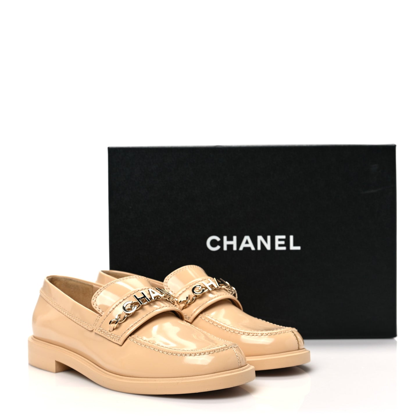 Shiny Calfskin Bonnie and Clyde Logo Loafers 36.5 Beige