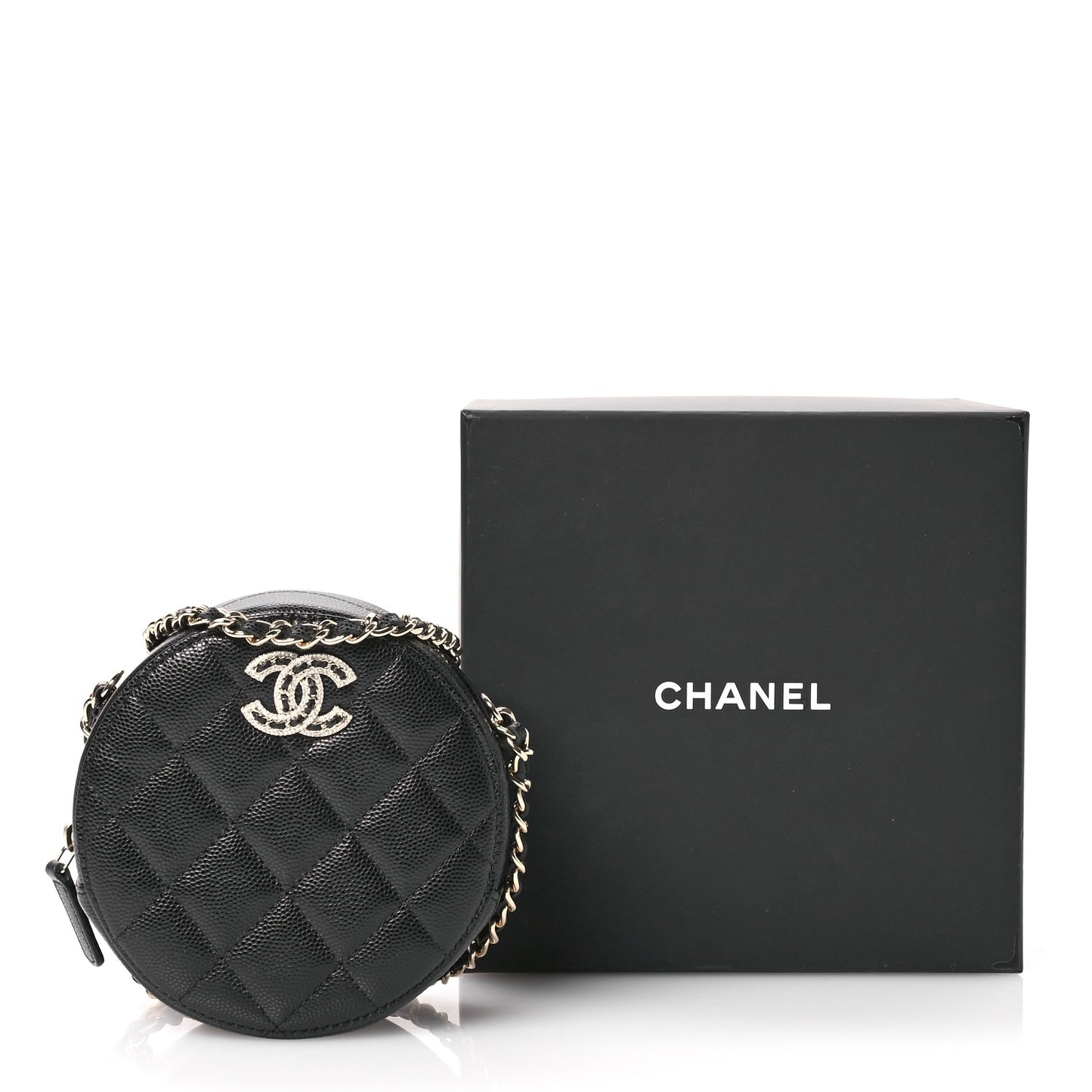Caviar Quilted Crystal CC Round Clutch With Chain Black