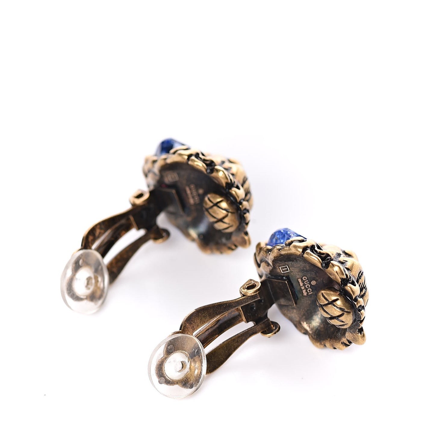 Metal Crystal Lion Clip On Earrings Aged Gold Blue
