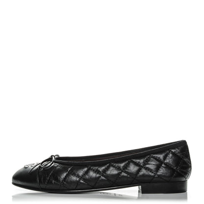 Chanel Aged Calfskin Quilted CC Cap Toe Ballerina Flats 37.5 Black 1 of 8