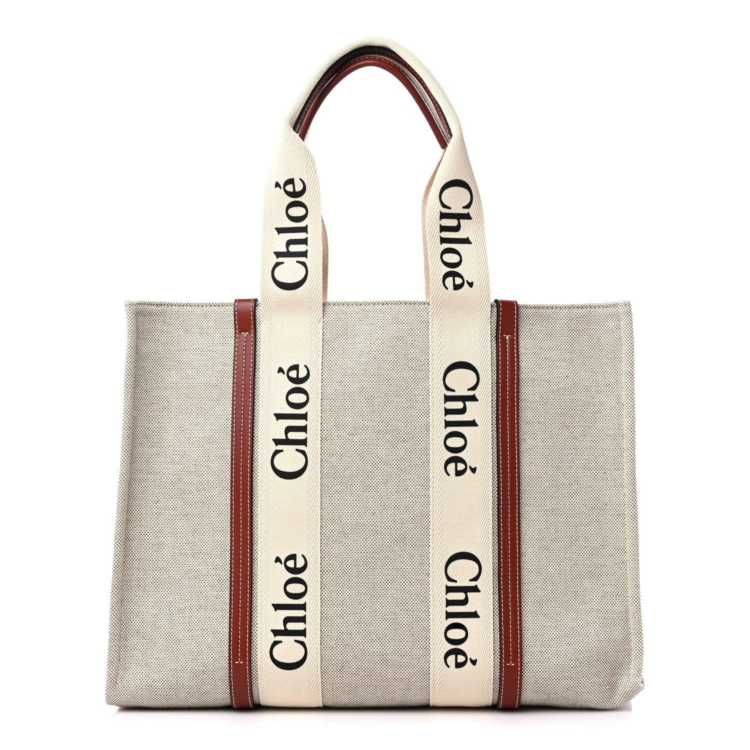 Chloe Cotton Calfskin Large Woody Ribbon Tote White Brown 1 of 10