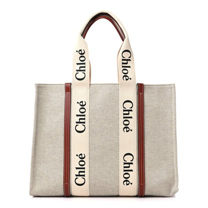 Chloe Cotton Calfskin Large Woody Ribbon Tote White Brown 1 of 10