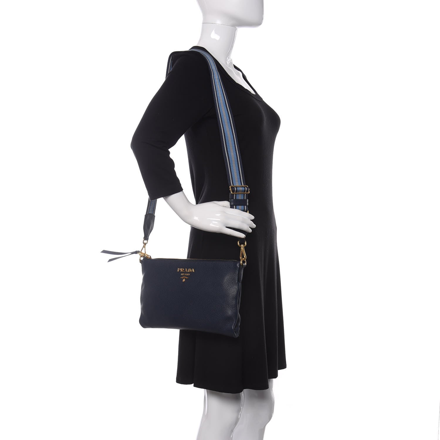 Prada Vitello Daino Zippered Shoulder Bag Blue 2 of 9
