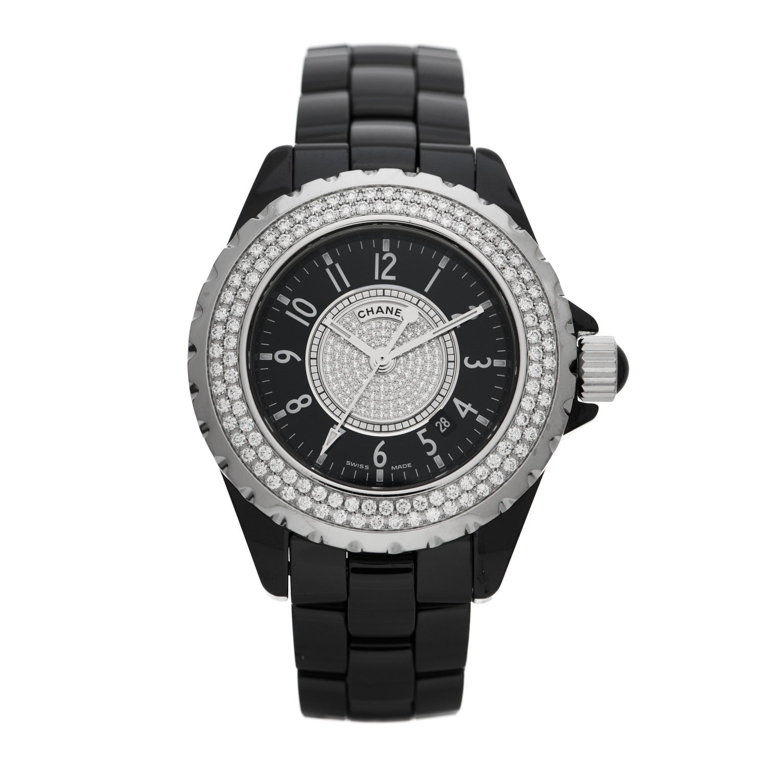 Chanel Stainless Steel Ceramic Diamond Pave Bezel Dial 33mm J12 Quartz Watch Black 1 of 5