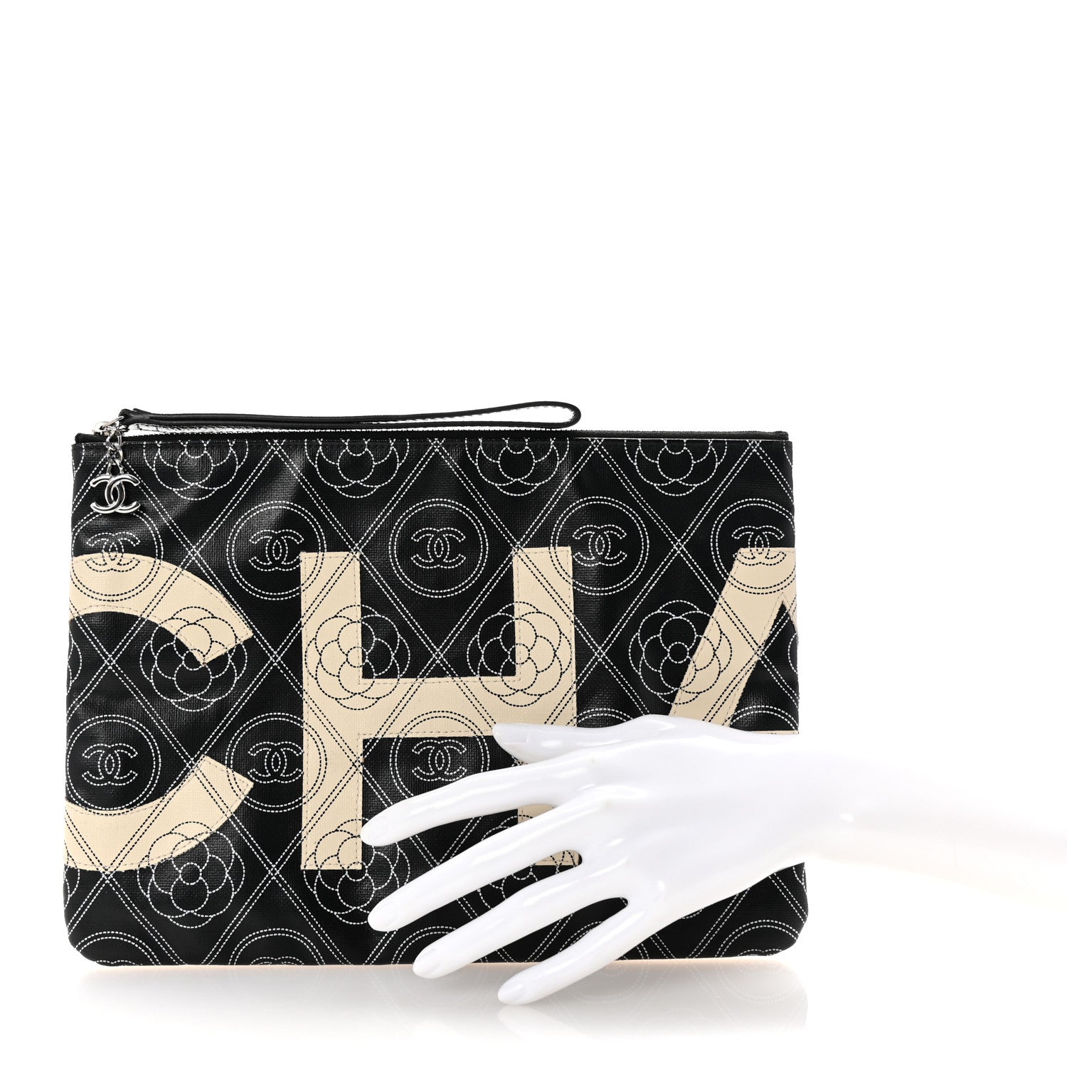 Chanel Coated Canvas Calfskin Camellia Printed Pouch Black Beige 2 of 8