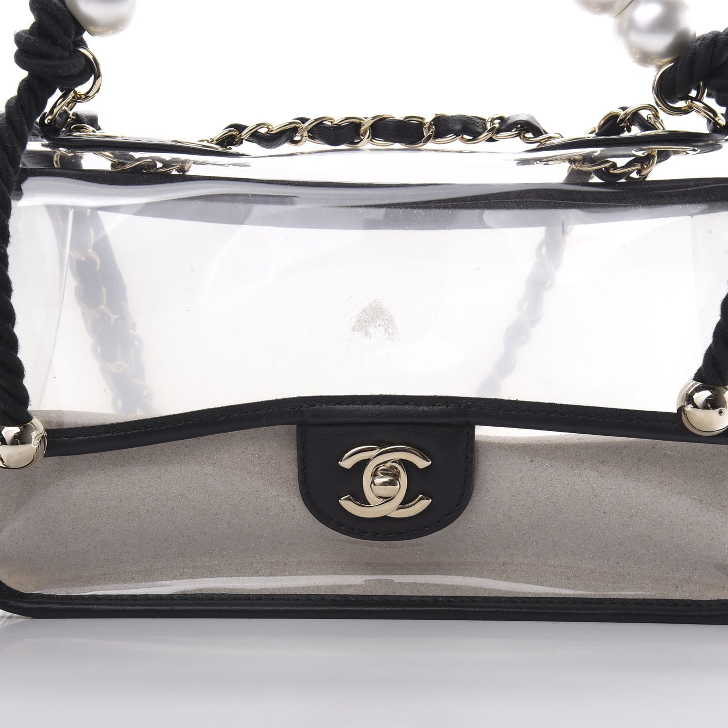 Lambskin PVC Sand By The Sea Flap With Pearl Strap Black