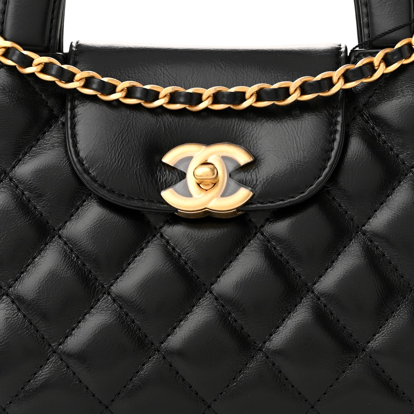 Shiny Aged Calfskin Quilted Nano Kelly Shopper Black