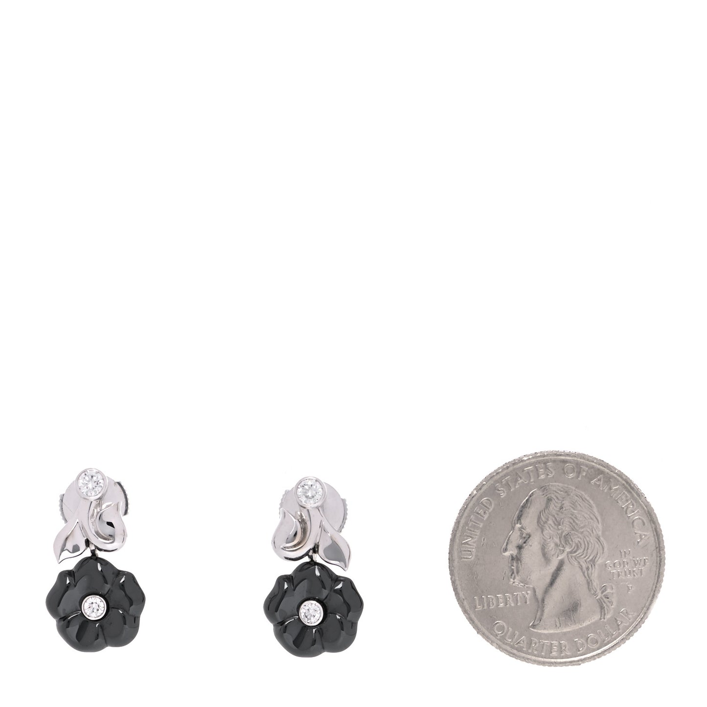 18K White Gold Diamond Black Ceramic Camelia Galbe Earrings