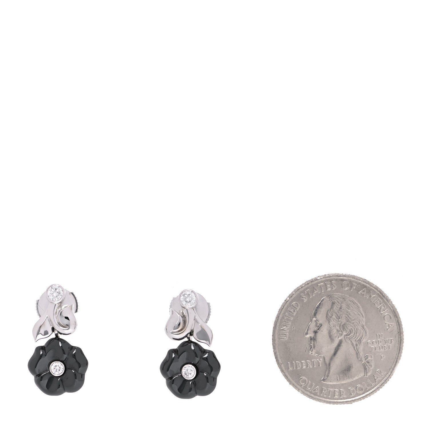 Chanel 18K White Gold Diamond Black Ceramic Camelia Galbe Earrings 2 of 5