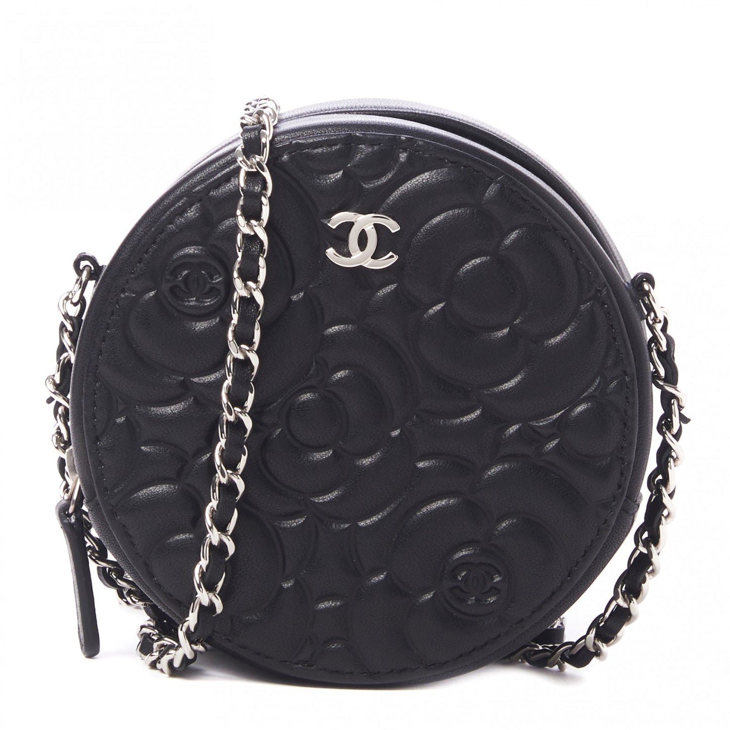 Lambskin Camellia Quilted Round Clutch With Chain Black