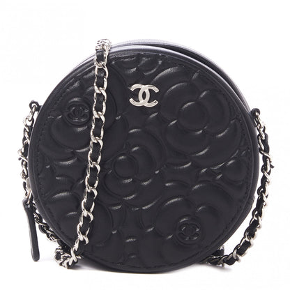 Chanel Lambskin Camellia Quilted Round Clutch With Chain Black 1 of 10