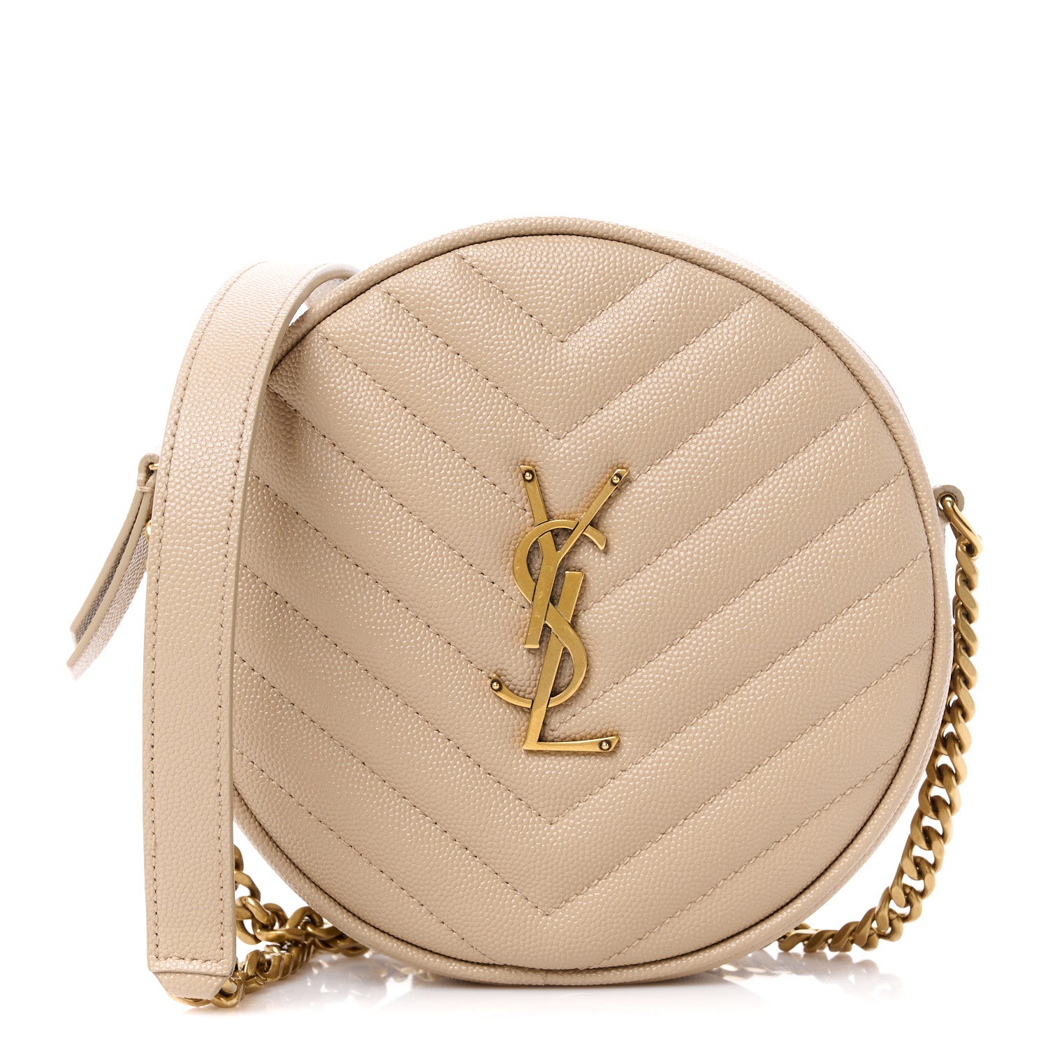 Saint Laurent SAINT LAURENT Grain De Poudre Matelasse Chevron Quilted Round Vinyle Camera Bag Dark Beige 1 of 11