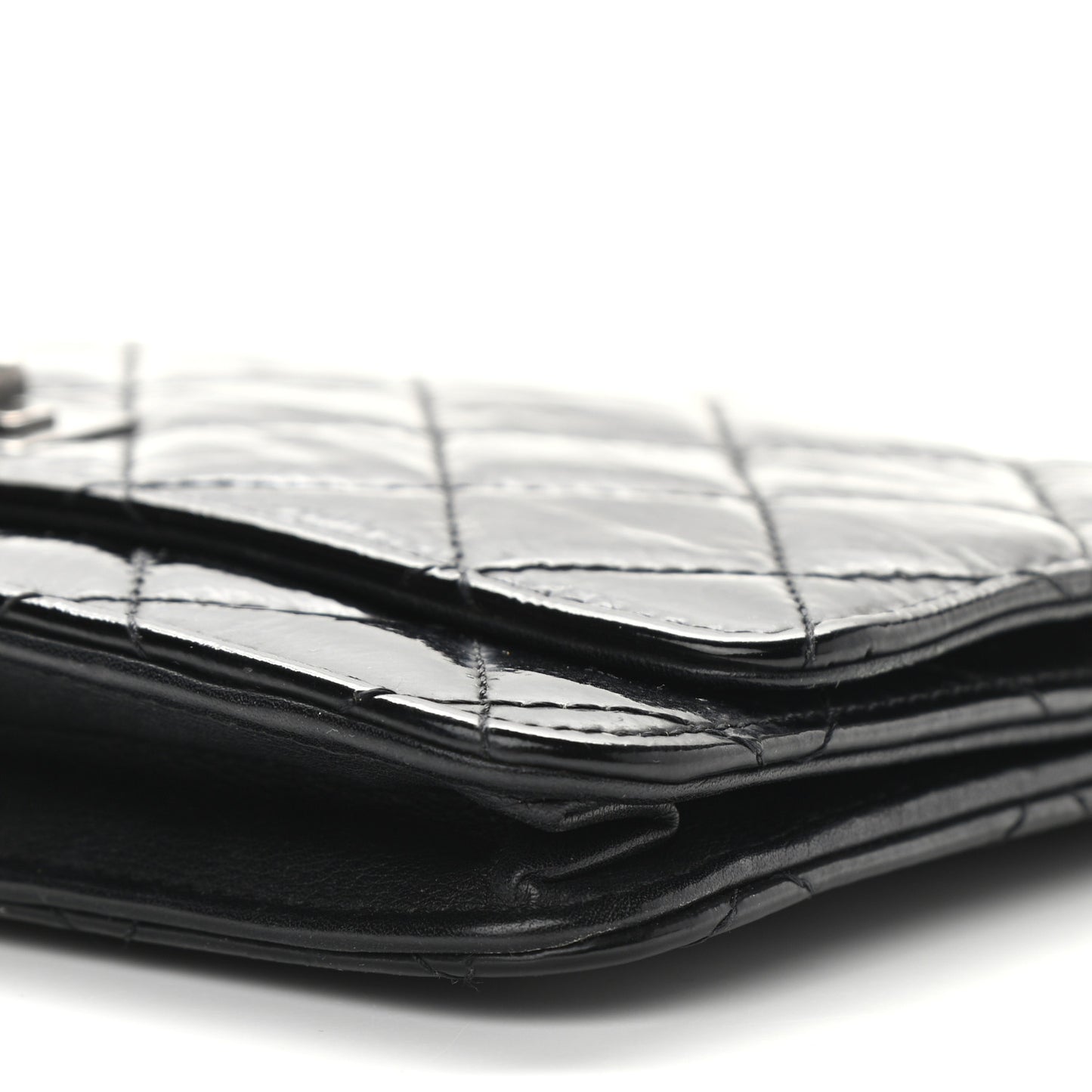 Distressed Patent Calfskin Quilted Reissue Wallet On Chain WOC Black