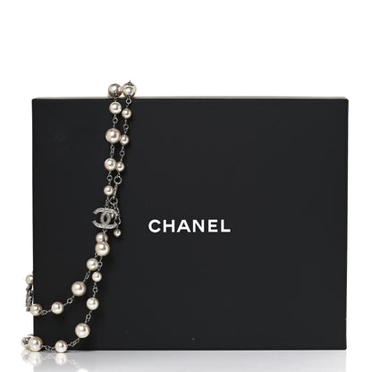 Chanel Graduated Pearl Crystal CC Long Necklace Silver 6 of 6