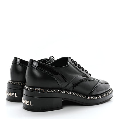 Chanel Lambskin Patent Calfskin CC Brogue Lace Up Oxfords 37 Black 4 of 11
