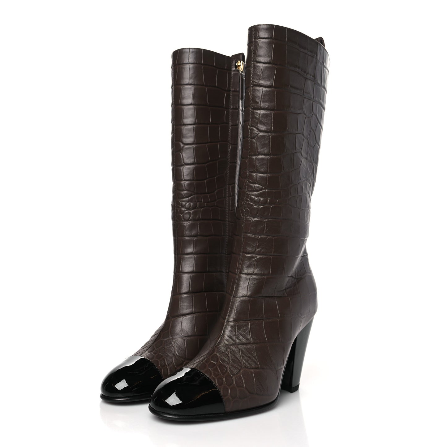 Calfskin Crocodile Embossed Cap Toe High Boots 35 Gold