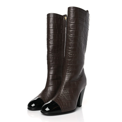 Chanel Calfskin Crocodile Embossed Cap Toe High Boots 35 Gold 3 of 8