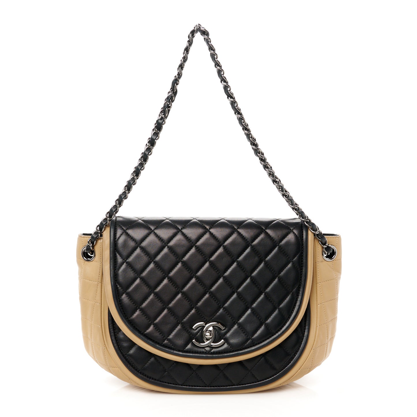 Lambskin Quilted Large Classic Twist Crescent Flap Black Beige