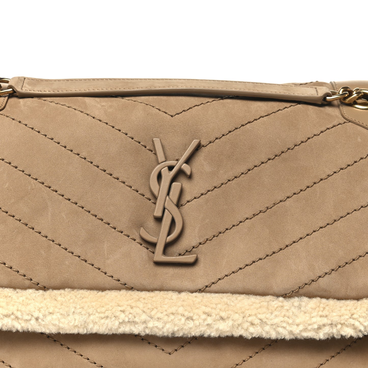 Nubuck Shearling Monogram Medium Niki Chain Satchel Ivory Natural Tan