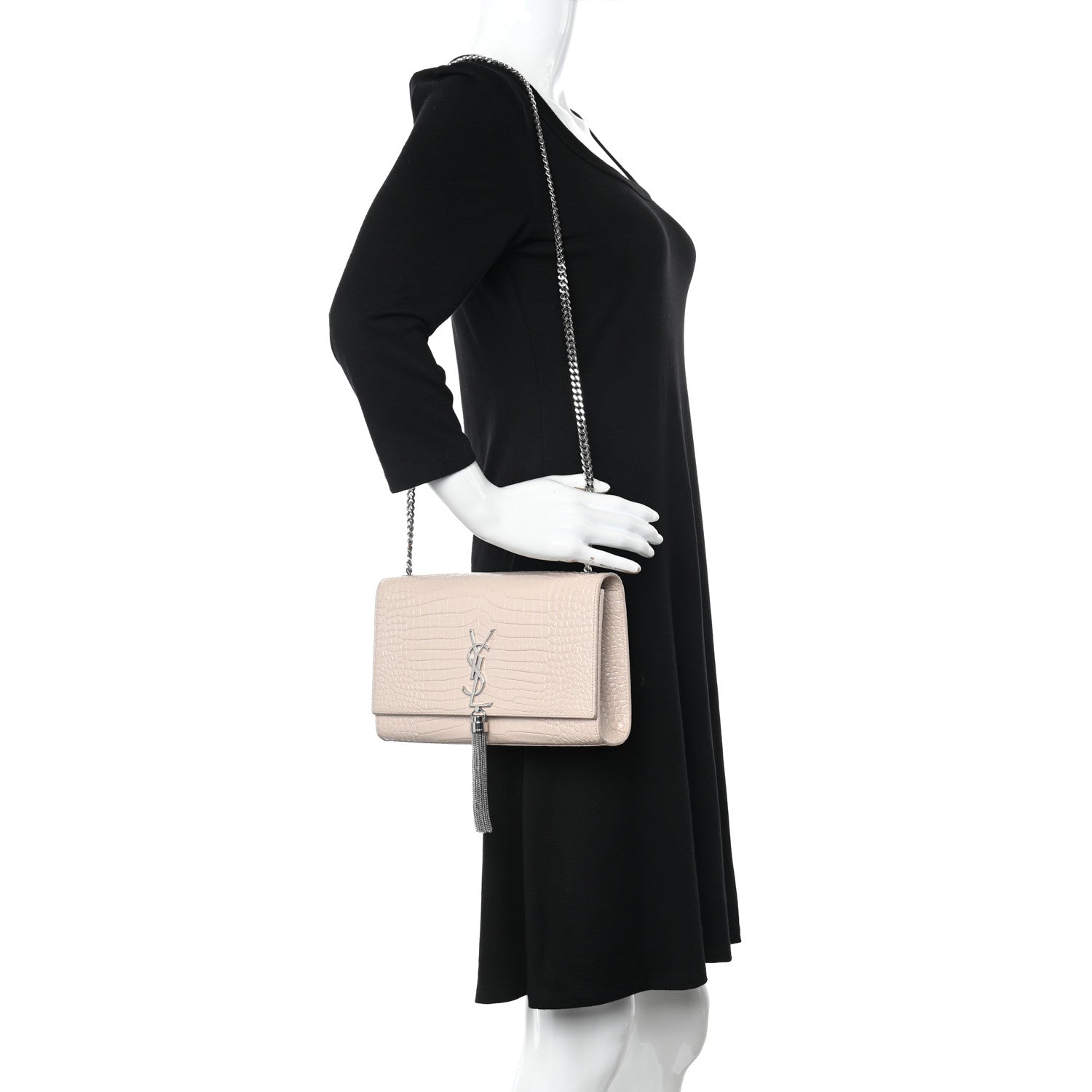 Saint Laurent Calfskin Crocodile Embossed Medium Classic Monogram Kate Tassel Satchel Nude Powder 2 of 12
