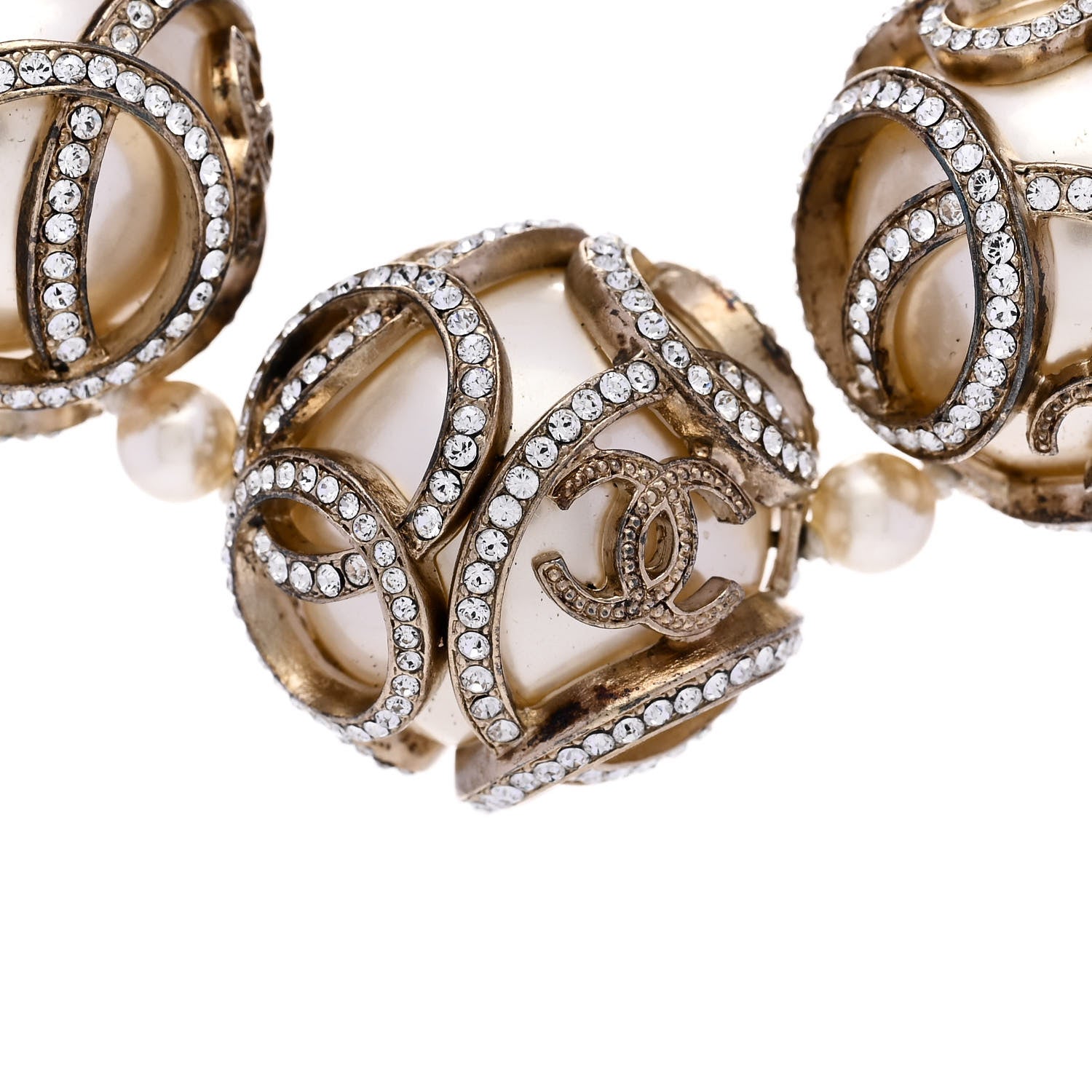 Chanel Pearl Crystal CC Short Necklace Gold Pearly White 4 of 5