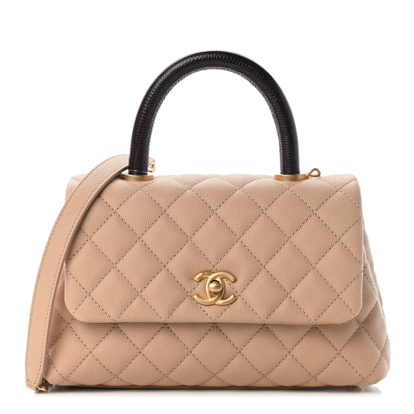 Caviar Lizard Embossed Quilted Mini Coco Handle Flap Beige