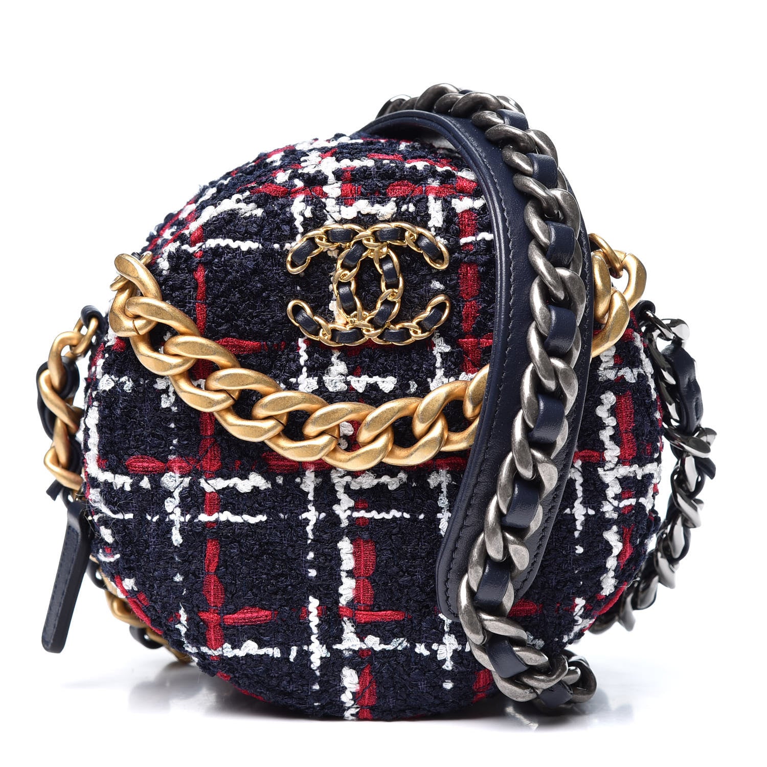 Chanel Tweed Quilted Chanel 19 Round Clutch With Chain Blue White Red 1 of 9