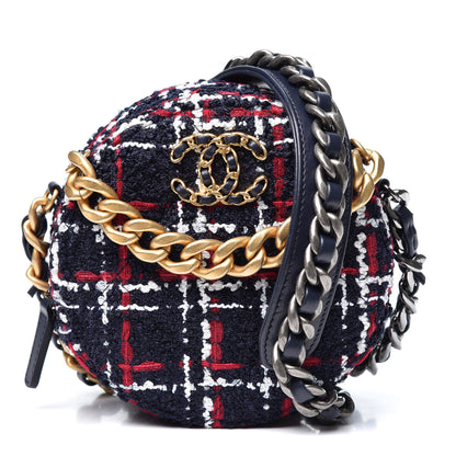 Chanel Tweed Quilted Chanel 19 Round Clutch With Chain Blue White Red 1 of 9