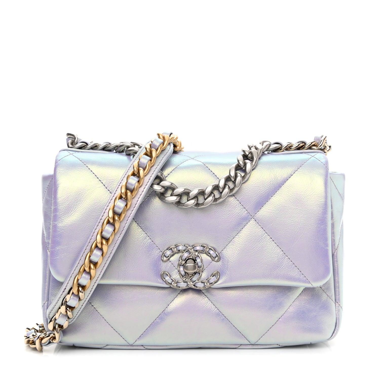 Iridescent Calfskin Quilted Medium Chanel 19 Flap Light Purple Blue