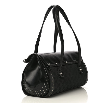 Gucci Monogram Studded Bamboo Bullet Satchel Black 2 of 16