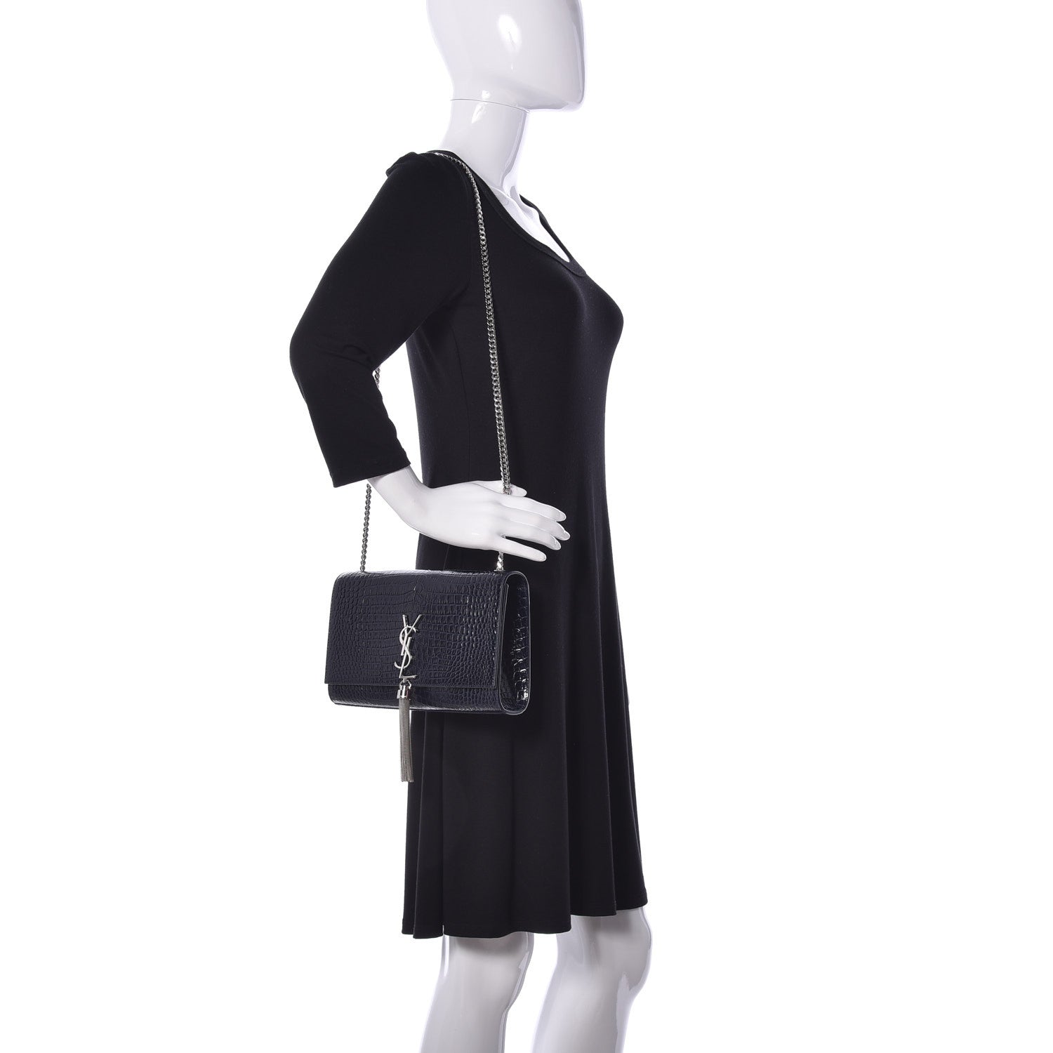 Saint Laurent Calfskin Crocodile Embossed Medium Classic Monogram Kate Tassel Satchel Blue Sapphire 2 of 8