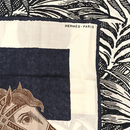 Hermes Cashmere Silk Cavaliere En Formes Shawl 140 White Black Kaki 2 of 3