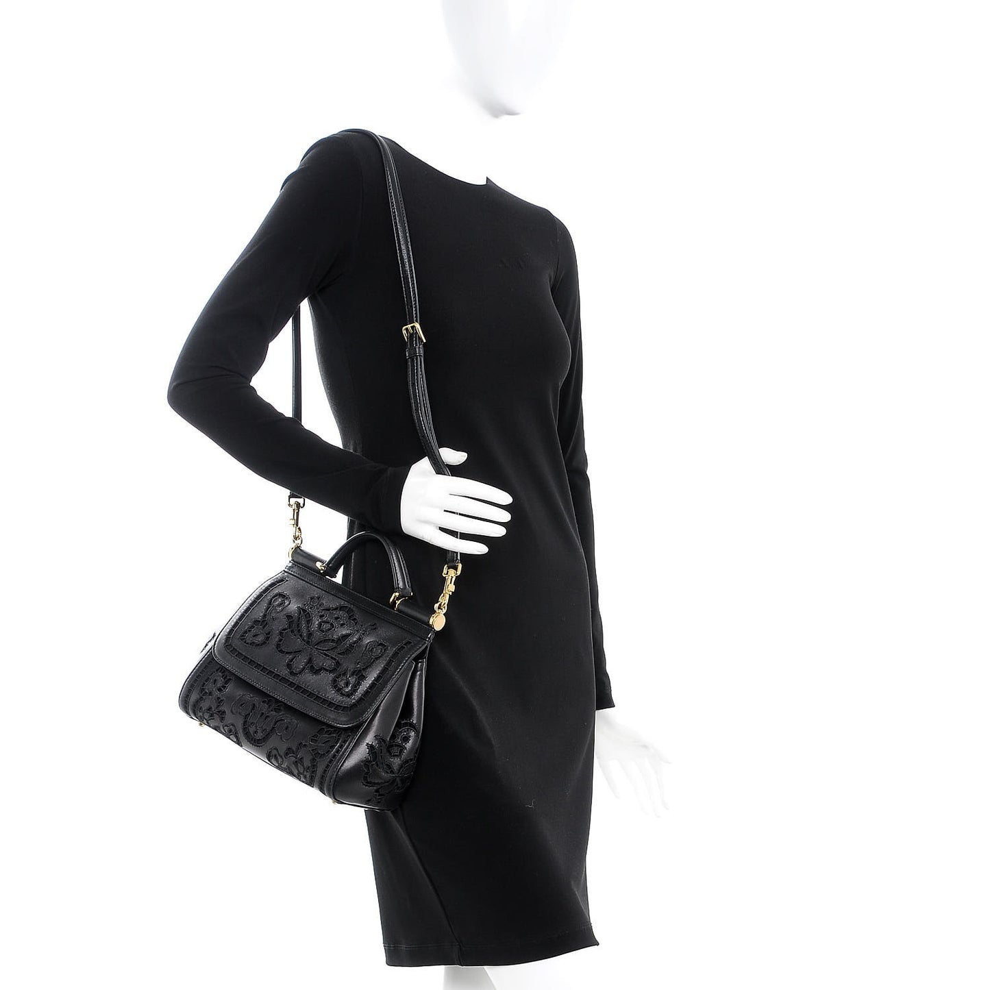 Calfskin Medium Embroidered Laser Cut Miss Sicily Satchel Black
