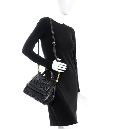 Dolce & Gabbana Calfskin Medium Embroidered Laser Cut Miss Sicily Satchel Black 2 of 8