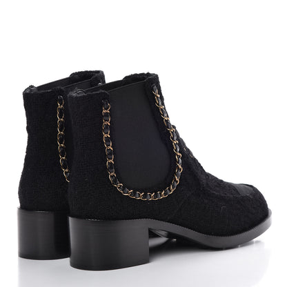 Chanel Tweed Calfskin Chain Lace Up Boots 39.5 Black 4 of 10