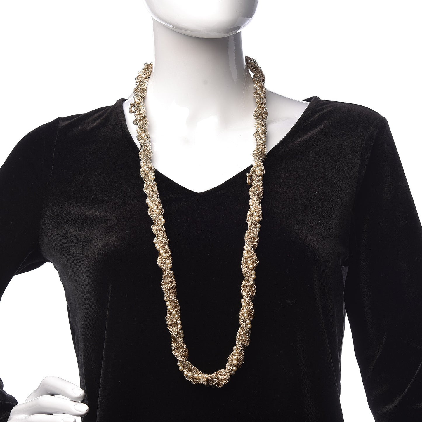 Pearl Chain CC Long Necklace Golden Pearly White