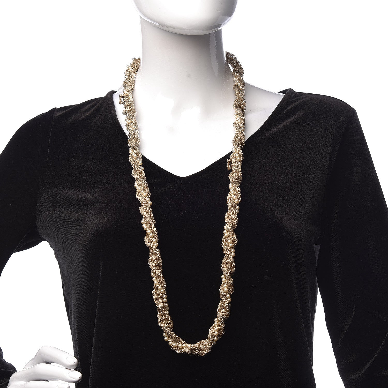 Chanel Pearl Chain CC Long Necklace Golden Pearly White 2 of 6