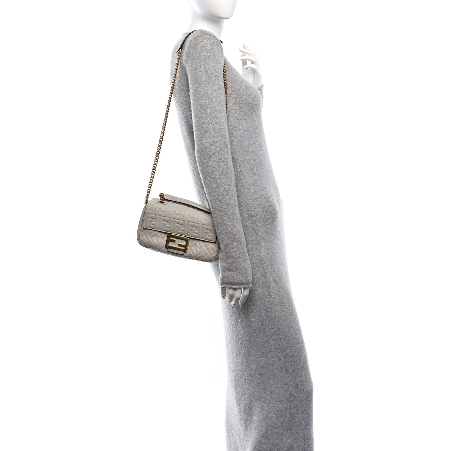 Nappa Small FF Embossed Midi Chain Baguette Ghiaia