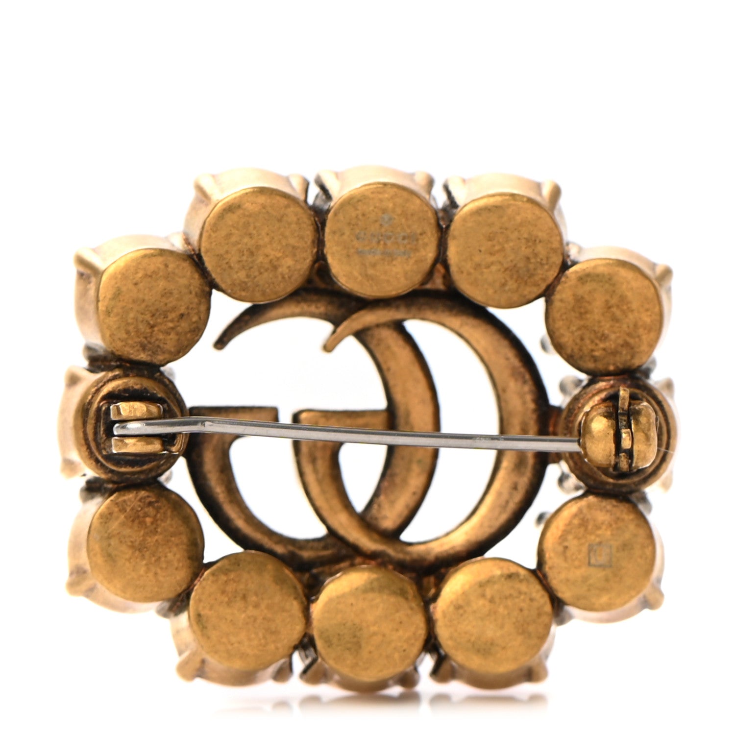 Gucci Metal Crystal Double G Brooch Aged Gold Red 3 of 5