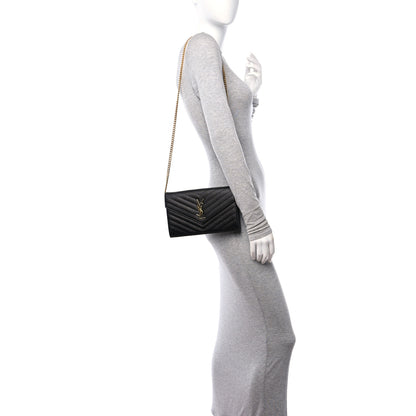 Saint Laurent Grain De Poudre Matelasse Chevron Monogram Chain Wallet Black 3 of 11