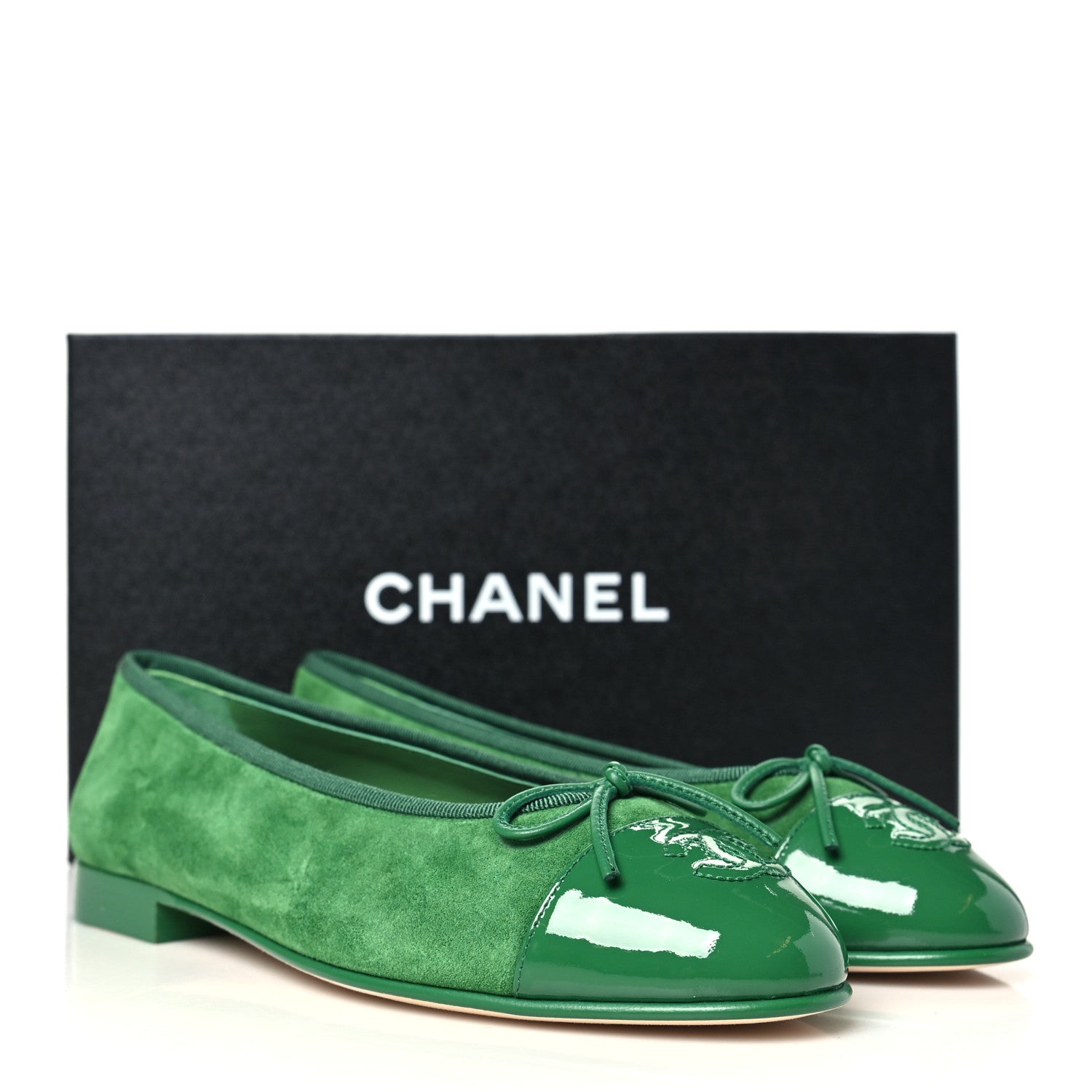 Chanel Suede Patent Cap Toe CC Ballerina Flats 37.5 Green 10 of 10