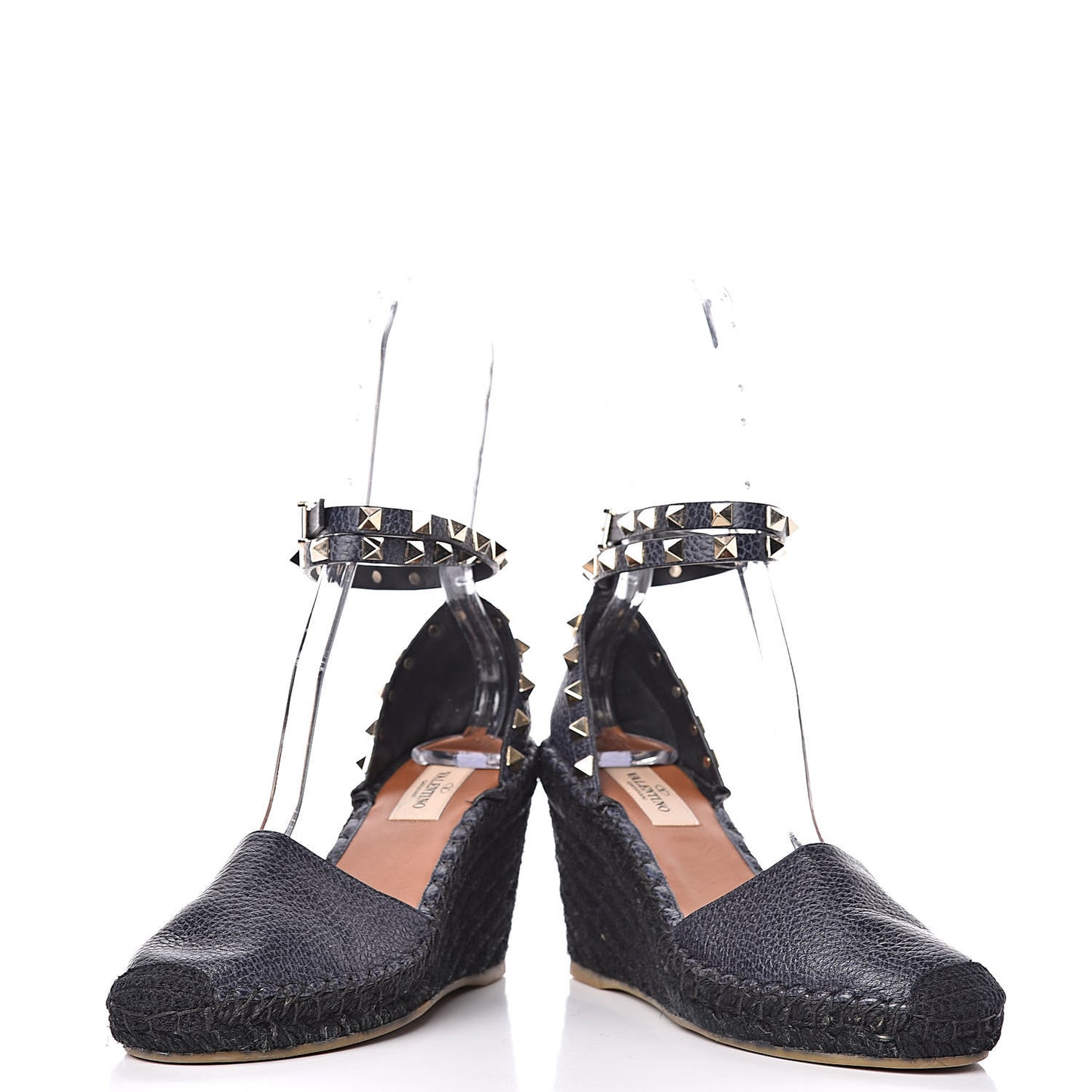 Grained Calfskin Rockstud Ankle Wrap Espadrille 15/75mm Wedges 36 Deep Denim