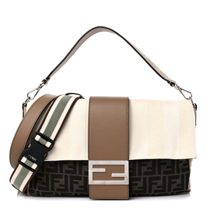 Fendi Fabric Jacquard Canvas Vitello Grace Pequin FF 1974 Large Convertible Baguette Tobacco Moro Grezzo Sand 1 of 9