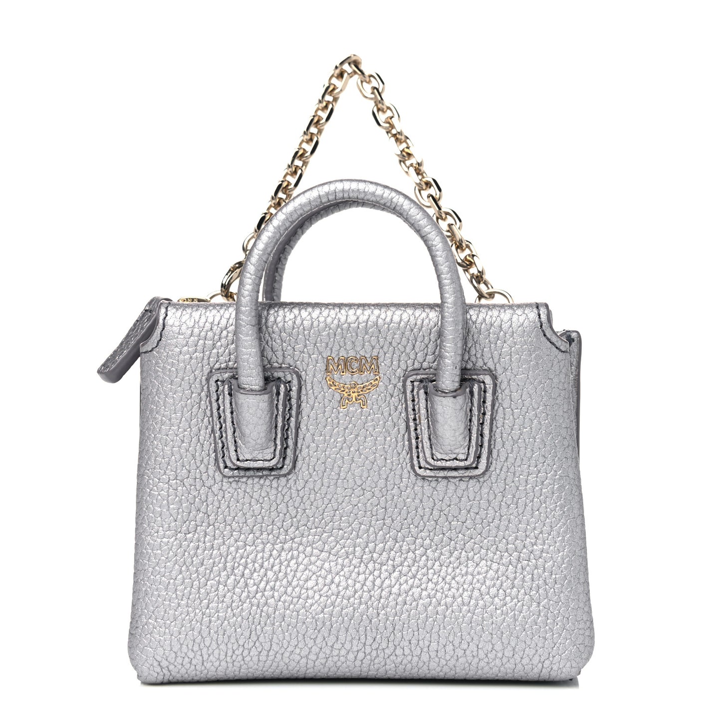 Metallic Grained Calfskin Mini Milla Handbag Card Case Silver