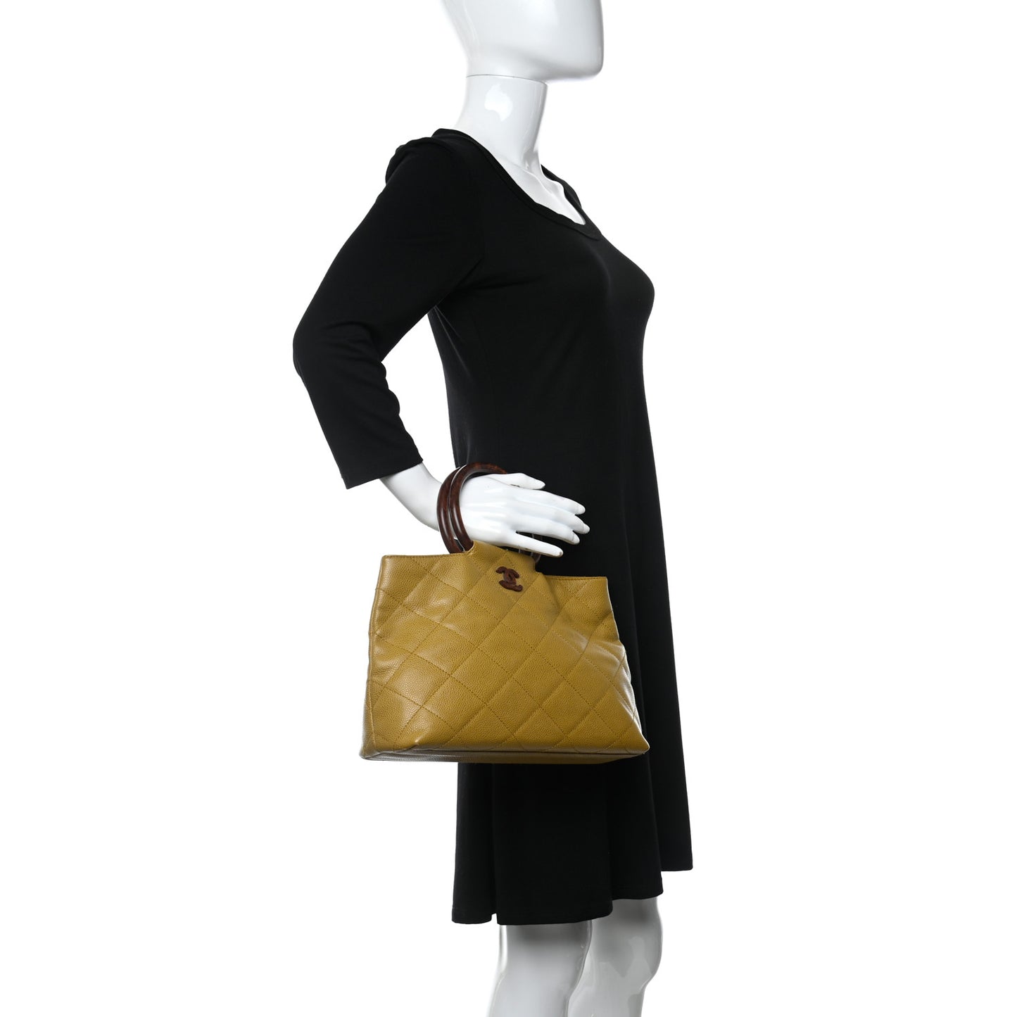 Caviar CC Wood Handle Tote Beige
