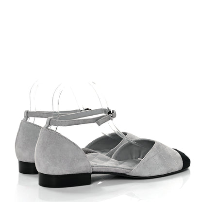 Chanel Suede Grosgrain Cap Toe CC Mary Jane Flats 39 Light Grey Black 4 of 9