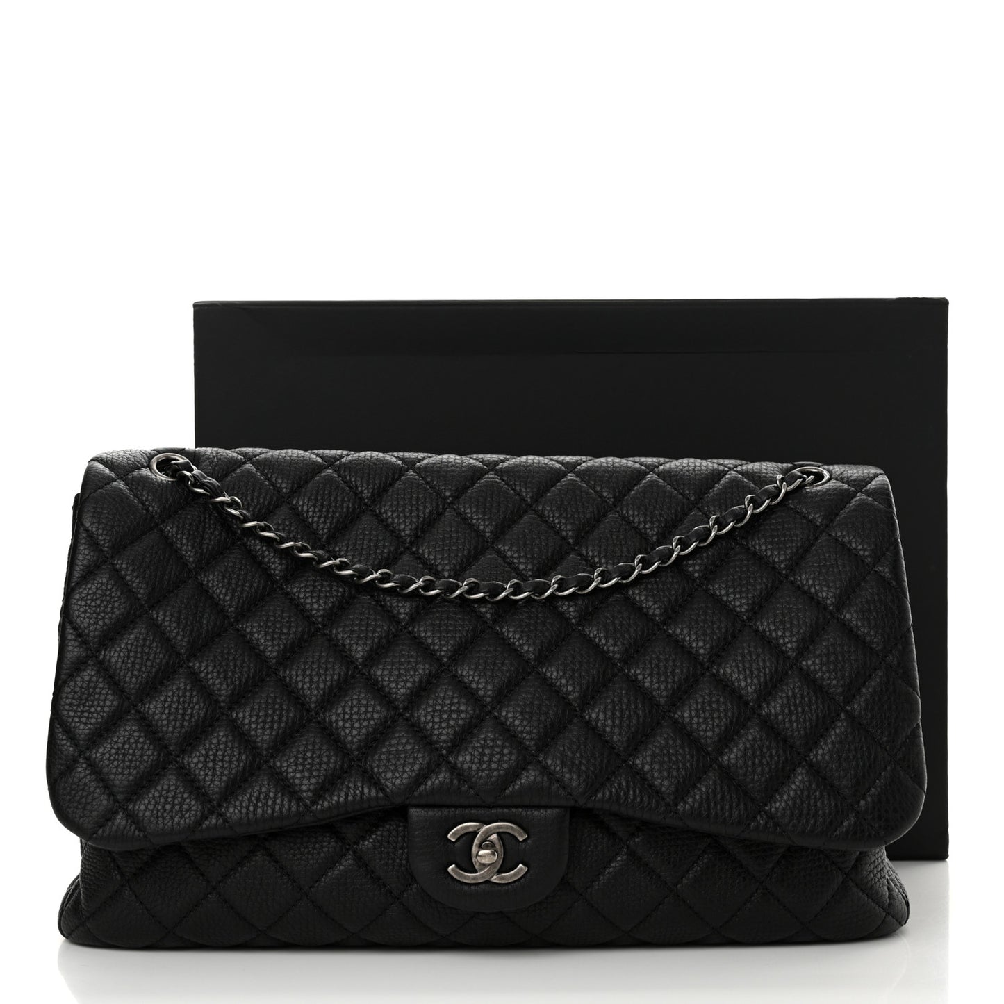 Grained Calfskin Quilted Small XXL Travel Flap Bag Black